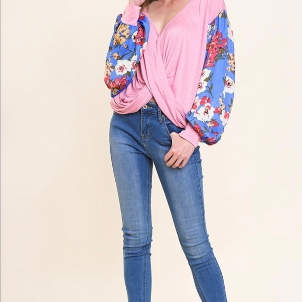 Floral Long Puff Sleeve Knit V-Neck Criss Cross Front Top-Pink - Picture 2 of 4